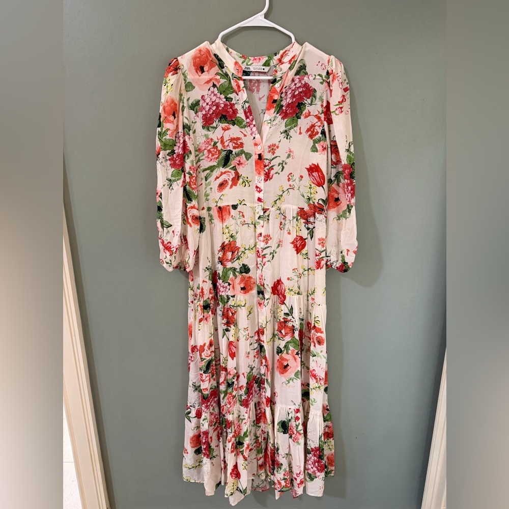 Zara Multicolor Floral Midi A-Line V-Neck Button Down Tiered Maxi Dress Size sm